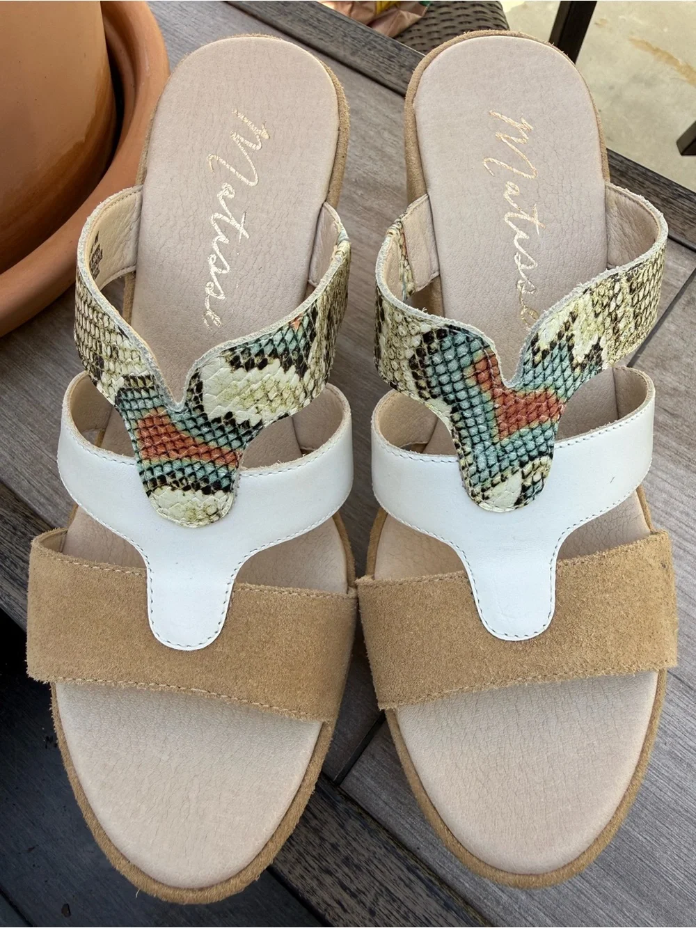 Women's Taupe Suede Wedge Sandals with White & Snake-Print Straps